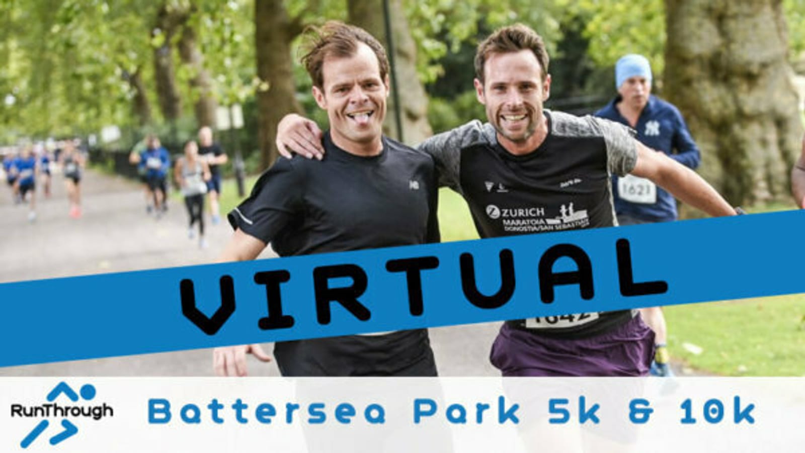 Two men are running in a park, smiling and supporting each other with their arms around each other’s shoulders. A banner labeled "VIRTUAL" is overlaid in the middle, with "Battersea Park 5k & 10k" text underneath. Other runners are visible in the background.