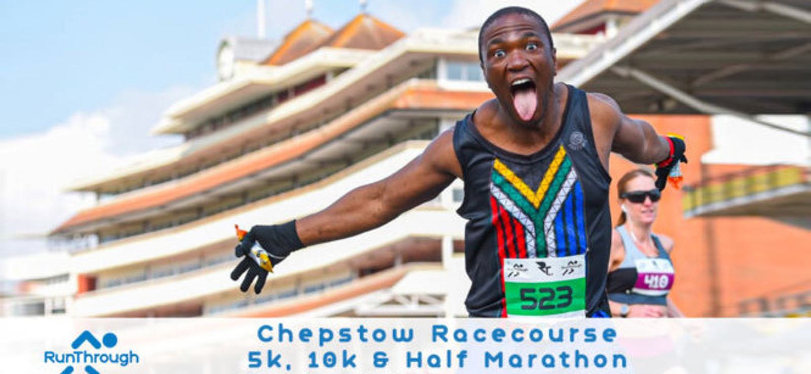 A man wearing a bib numbered 523 energetically poses with his tongue out, arms wide, and hands spread, near the Chepstow Racecourse. Behind him, a woman with a bib numbered 410 smiles while running. The image promotes the Chepstow Racecourse 5k, 10k & Half Marathon by RunThrough.
