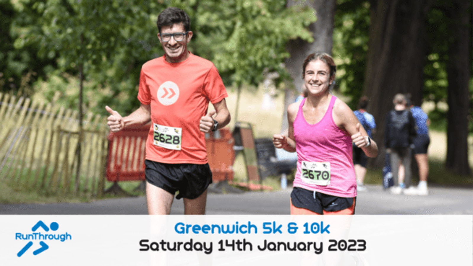A man and a woman running and smiling during a race. The man, wearing a red shirt and black shorts, and the woman, in a pink tank top and gray shorts, both give a thumbs-up. The event banner at the bottom reads, "Greenwich 5k & 10k, Saturday 14th January 2023.