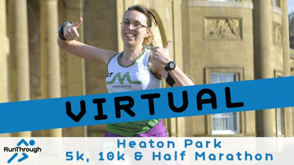A smiling runner gives two thumbs up while running in front of a historic building. The overlay text reads "Virtual" with event details, "RunThrough Heaton Park 5k, 10k & Half Marathon," at the bottom. She wears a green and white tank top and purple shorts.