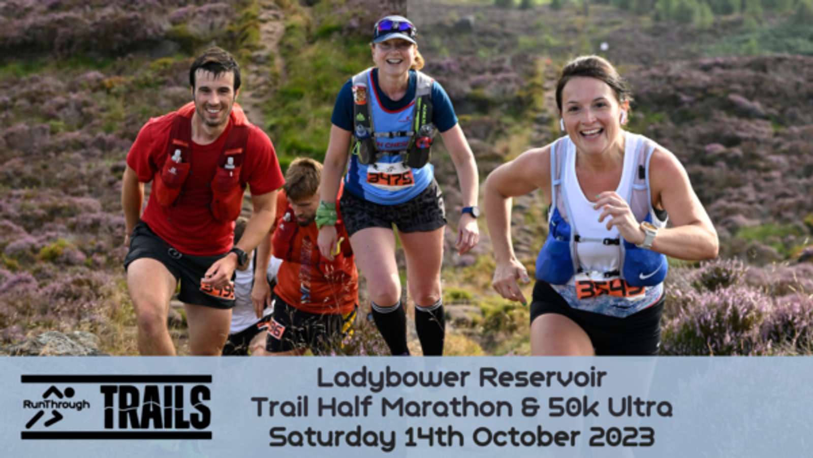 A group of runners traverse a scenic, rugged trail surrounded by vibrant purple heather at the Ladybower Reservoir. The participants wear race bibs and appear focused and determined. Event details are overlayed: "Trail Half Marathon & 50k Ultra, Saturday 14th October 2023.