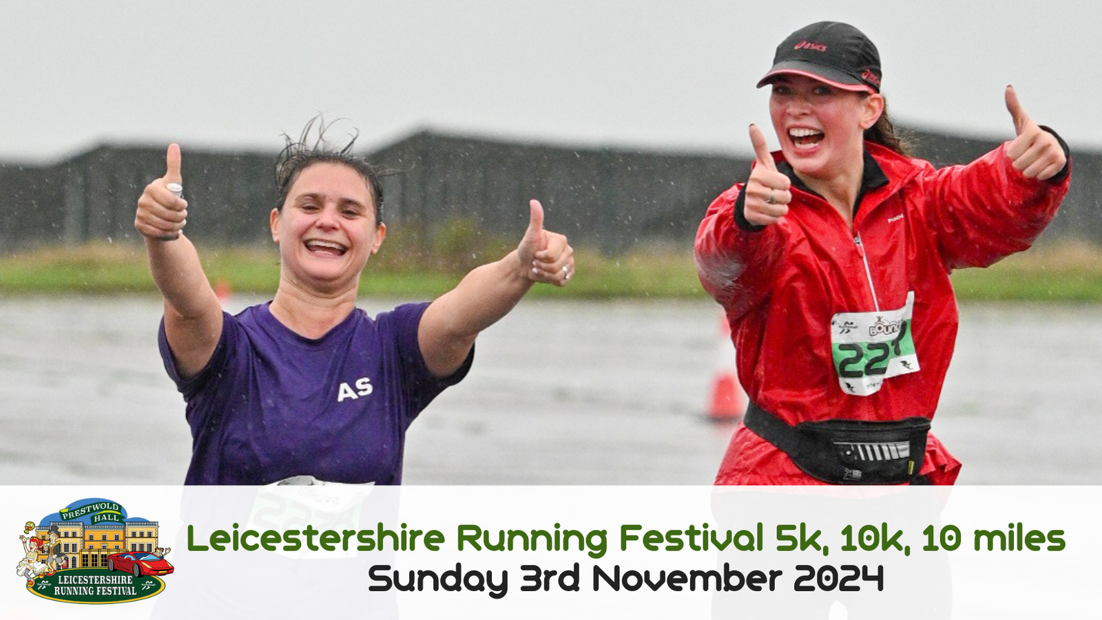 Two happy runners, one in a purple shirt and the other in a red jacket, are giving thumbs up while participating in the Leicestershire Running Festival. The event includes 5k, 10k, and 10-mile races, scheduled for Sunday, 3rd November 2024.