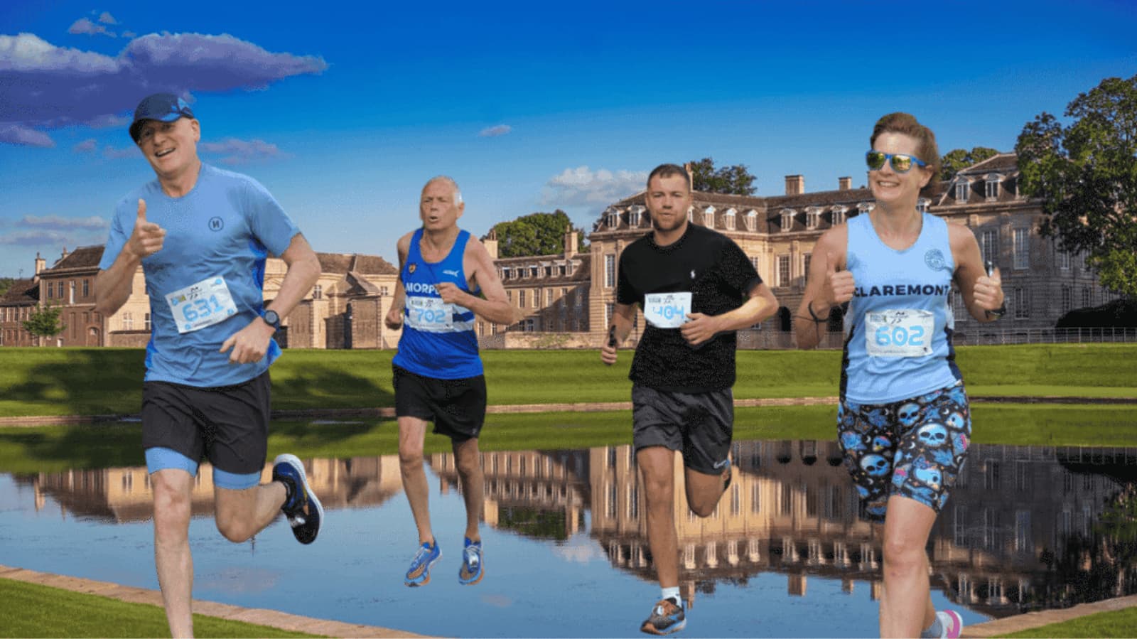 Four people are running a race near a reflecting pond, with a large historic building in the background. They are wearing athletic gear and race bibs. The sky is clear and blue, suggesting a sunny day.