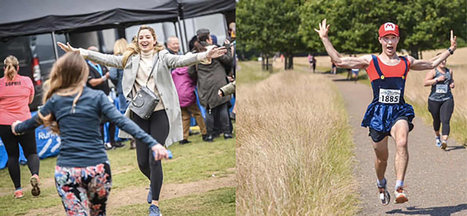 On the left, a woman with outstretched arms joyfully embraces a girl running toward her. On the right, a person in a Mario costume and race number 1885 raises their arms triumphantly while running in a race, with other runners in the background.