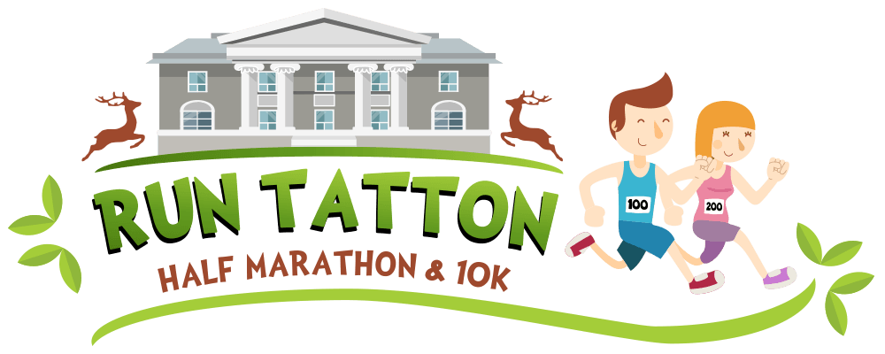Cartoon image of two runners, a man and a woman with race bibs, in front of a large building with columns. Text reads "Run Tatton Half Marathon & 10K" with green leaves and two deer in the background.