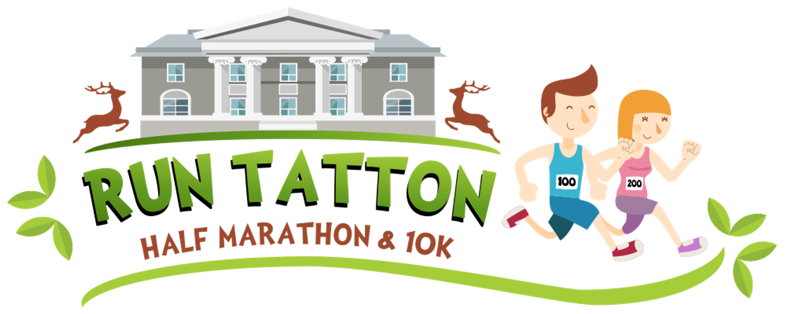 Cartoon image of two runners, a man and a woman with race bibs, in front of a large building with columns. Text reads "Run Tatton Half Marathon & 10K" with green leaves and two deer in the background.