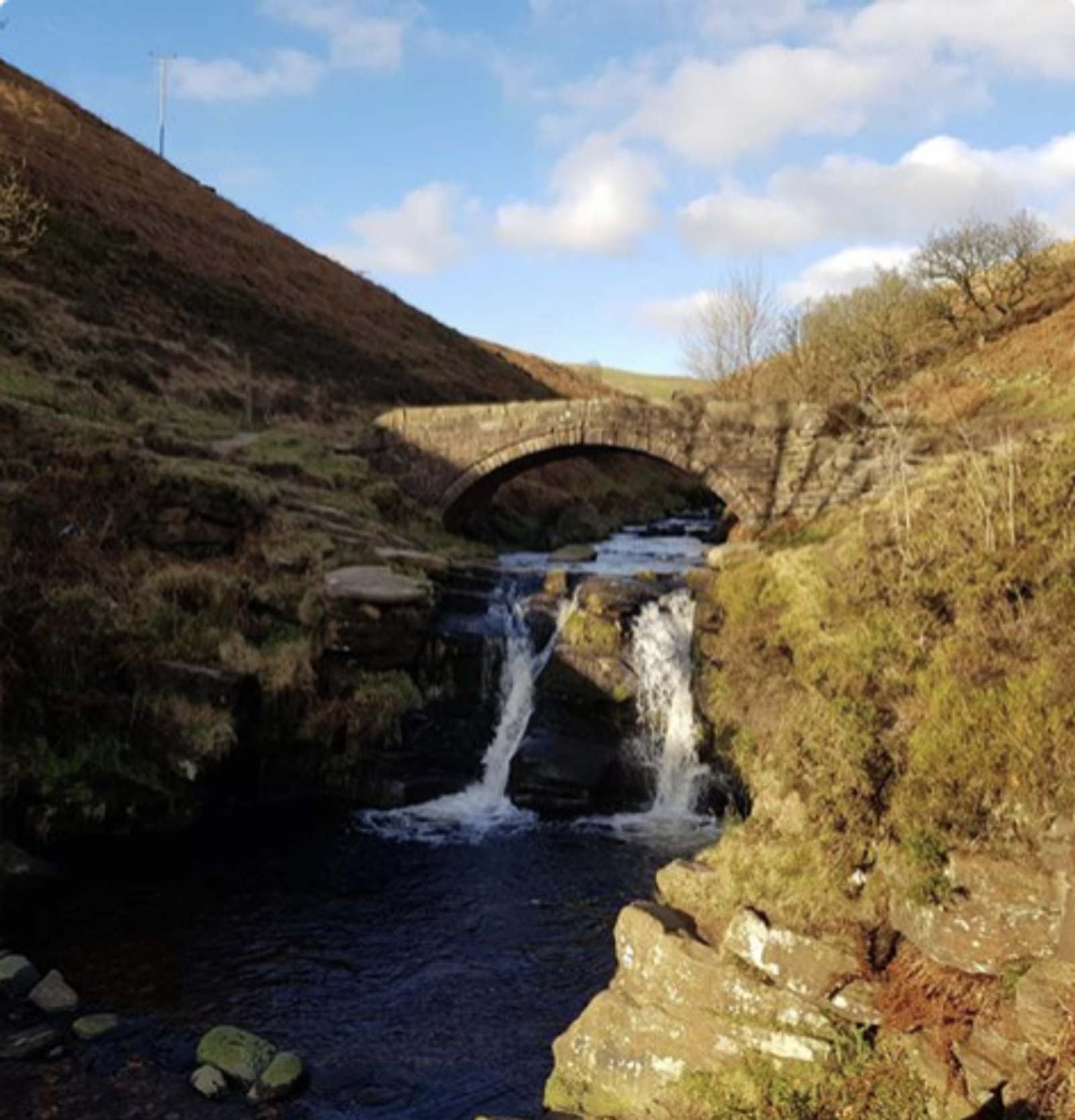 A small, rocky waterfall flows under an old stone arch bridge in a serene countryside setting. The sky is mostly clear with a few clouds, and the landscape features grassy hills and leafless trees.
