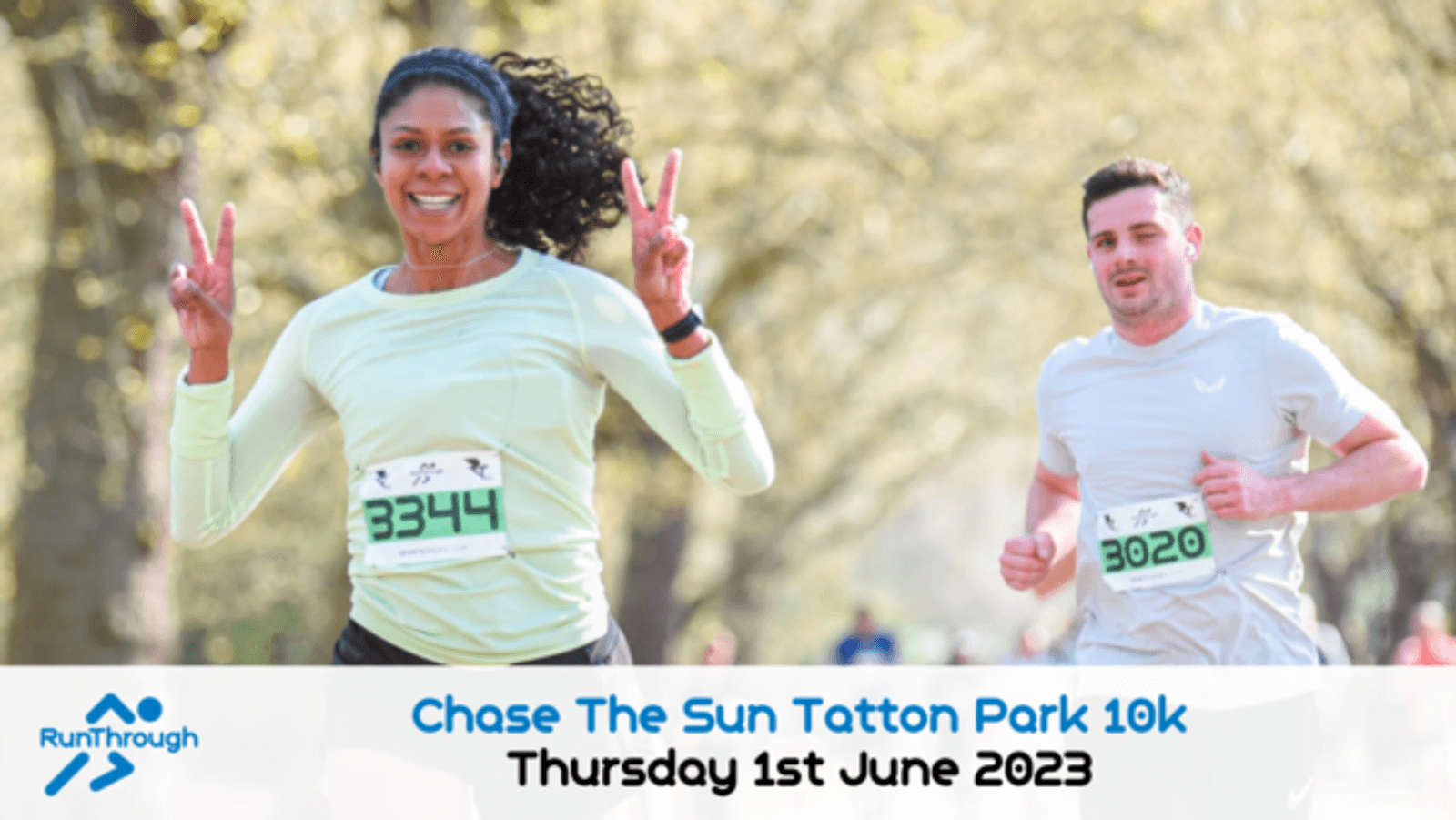 Two runners smiling and making peace signs during the Chase The Sun Tatton Park 10k on Thursday, 1st June 2023. The woman on the left wears a light green shirt with bib number 3344; the man on the right wears a light grey shirt with bib number 3020.