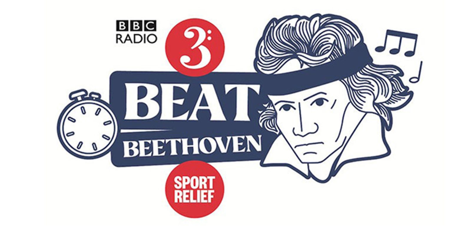 An illustration featuring Beethoven wearing a headband, next to a stopwatch and music notes. The text reads "BBC Radio 3 Beat Beethoven Sport Relief" with logos of BBC Radio 3 and Sport Relief.