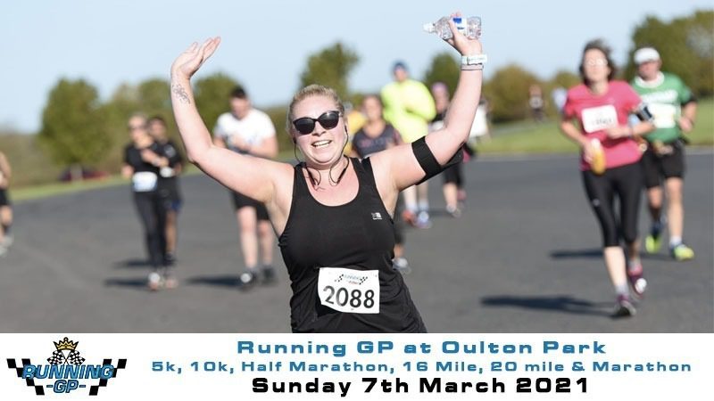A woman, wearing sunglasses and a running bib numbered 2088, runs cheerfully with her arms raised. She is participating in the Running GP event at Oulton Park. Other runners are visible in the background. The event date, 7th March 2021, and race distances are displayed below.