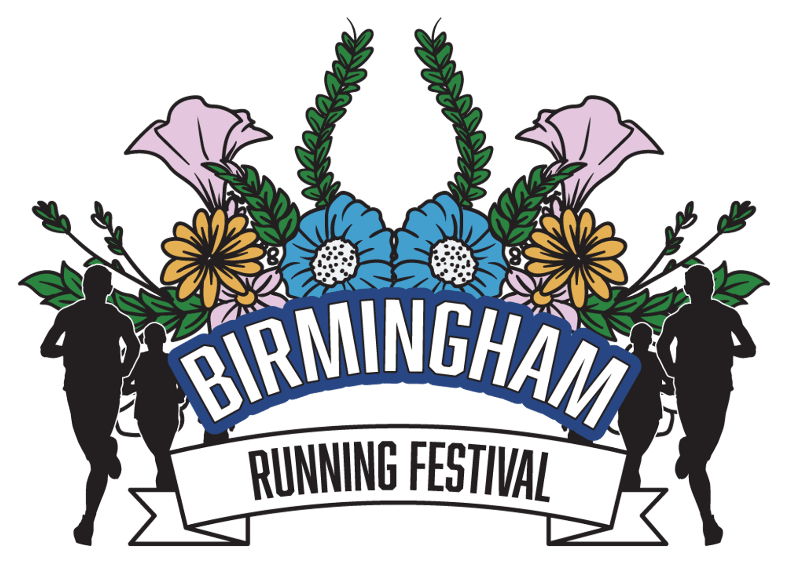 Illustration of runners silhouetted surrounding a banner with "Birmingham Running Festival" written on it. Above the banner are colorful flowers and green foliage, with two large purple flowers at the top. The scene is festive and vibrant.