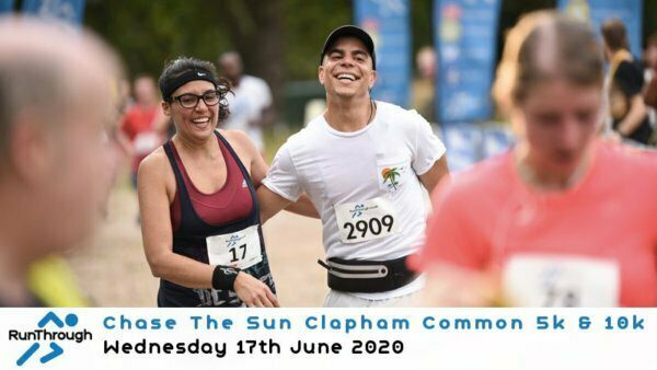 Two smiling runners, one wearing bib number 17 and the other 2909, are participating in an outdoor race. There are other participants blurred in the foreground and background. Text overlay at the bottom reads: "Chase The Sun Clapham Common 5k & 10k, Wednesday 17th June 2020.