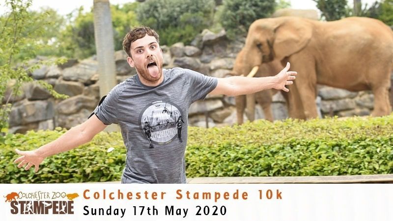 A man wearing a grey t-shirt runs with a jubilant expression, sticking out his tongue during the Colchester Stampede 10k event at Colchester Zoo. An elephant is seen behind him near some rocks. The event date, Sunday 17th May 2020, is displayed at the bottom.