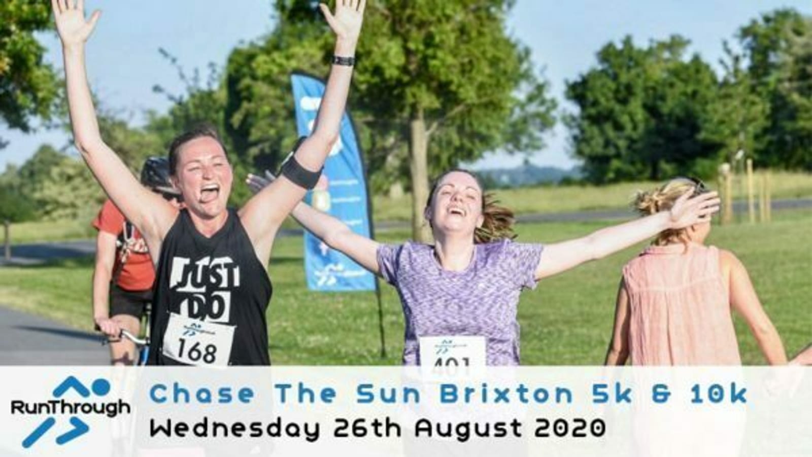 Two women, one in a black sleeveless top and the other in a purple top, are running with their arms raised and smiling. Behind them, other participants run on a tree-lined path. Event details and date "Chase The Sun Brixton 5k & 10k, Wednesday 26th August 2020" appear at the bottom.