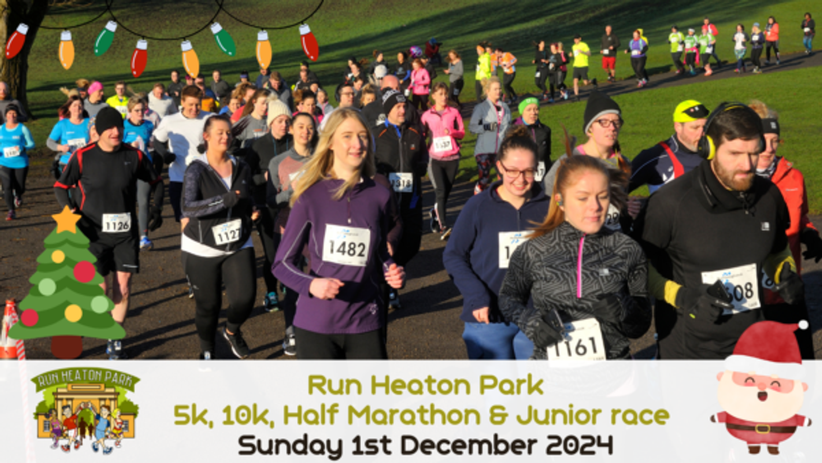 A large group of people, dressed in athletic wear, participate in a running event at Heaton Park. The race includes 5k, 10k, half marathon, and junior categories. The event's banner at the bottom displays the date, Sunday 1st December 2024, along with festive holiday graphics.