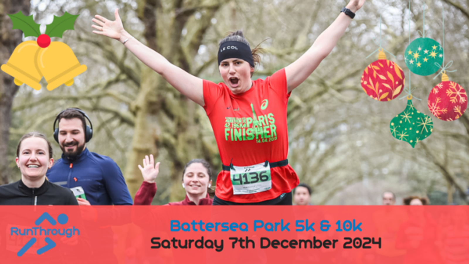 Runners celebrate during a race at Battersea Park. A woman in a red shirt jumps enthusiastically with her arms raised. Holiday-themed decorations adorn the image. Text reads: "Battersea Park 5k & 10k, Saturday 7th December 2024.