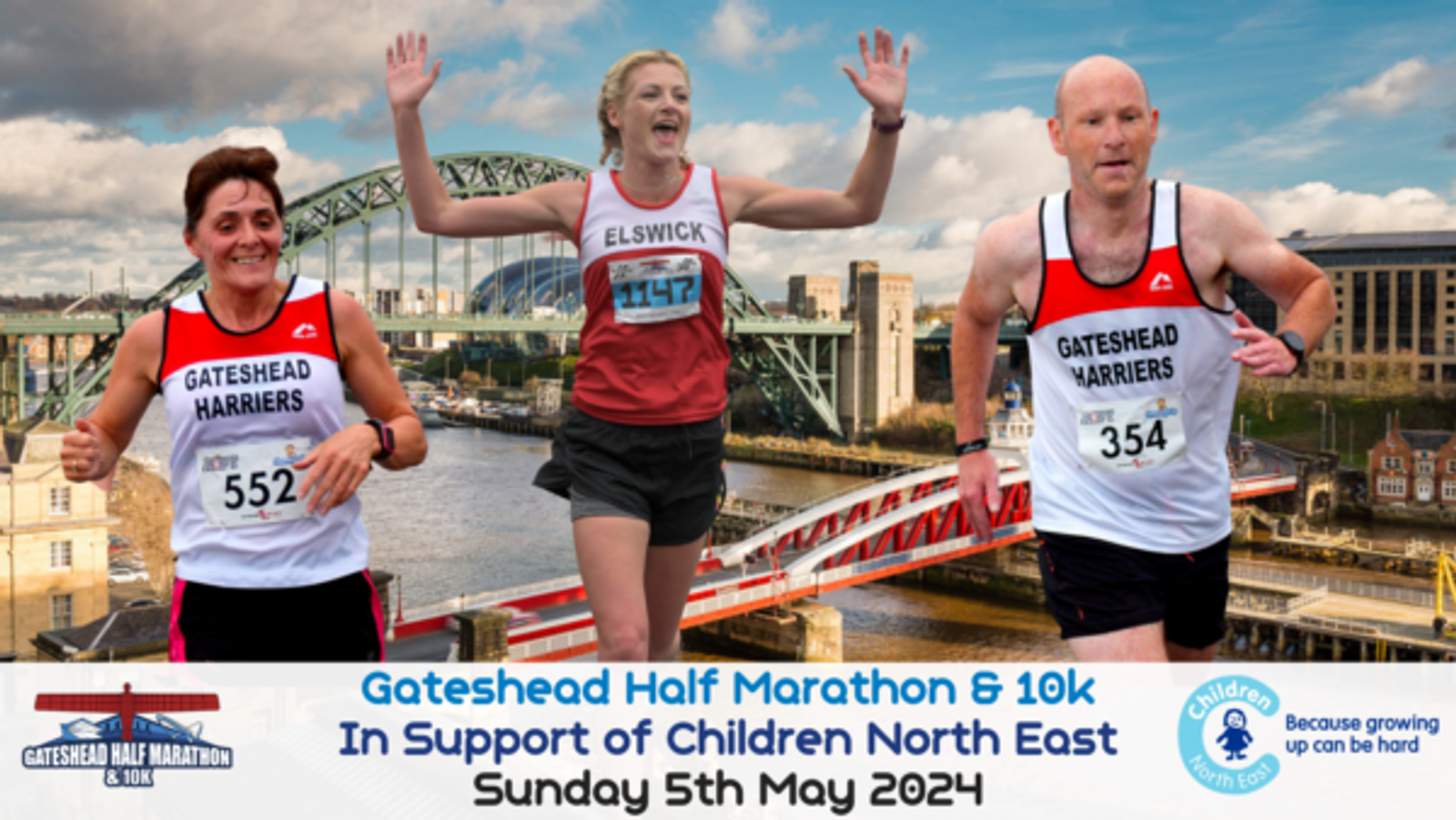 Three runners participating in the Gateshead Half Marathon cross a bridge with the Tyne Bridge in the background. Text reads, "Gateshead Half Marathon & 10k In Support of Children North East Sunday 5th May 2024." The event logo and charity logos are also visible.