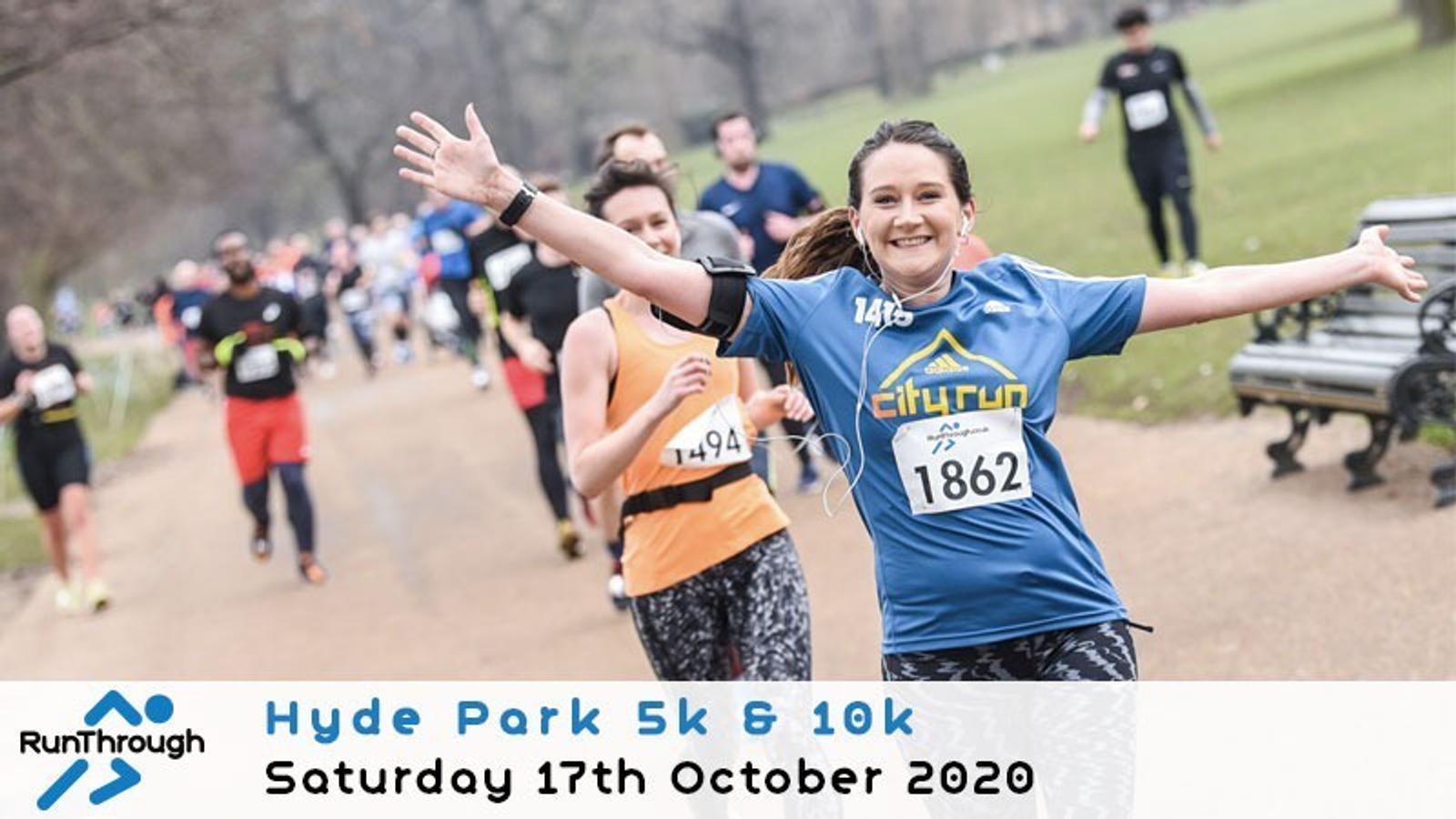A woman is joyfully running in a race, wearing a blue "cityrun" shirt and bib number 1862. Other runners can be seen behind her. The event banner below reads "Hyde Park 5k & 10k" and "Saturday 17th October 2020," with the RunThrough logo on the left.