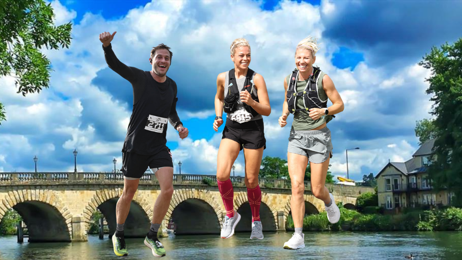 Three people, two women and a man, are running in a marathon. They are smiling and appear energetic. In the background, there's a stone bridge over a river and a partly cloudy sky. Trees and houses line the riverside.