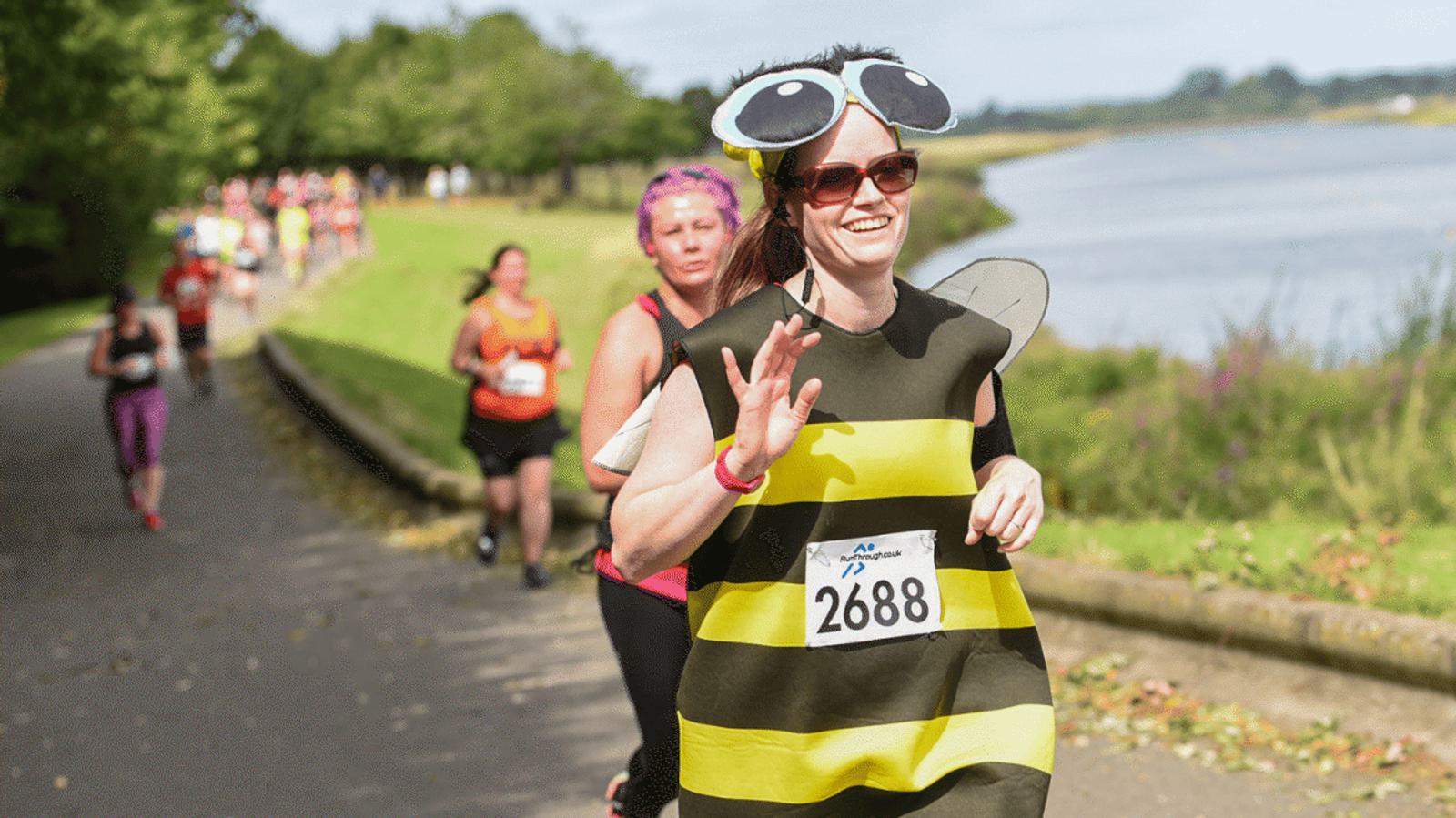 A person wearing a bee costume with large antennae and sunglasses runs a marathon on a scenic riverside path. Other participants are visible in the background. Lush greenery and a calm river are on either side of the path.