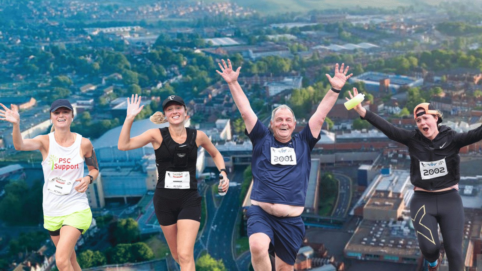 Four marathon runners gesture triumphantly in front of a sprawling cityscape. They wear race bibs and athletic gear, conveying energy and enthusiasm against a backdrop of a vibrant urban scene.
