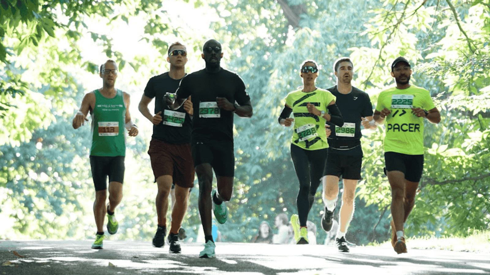 Six runners participate in a race on a shaded path surrounded by trees. They wear athletic gear and race bibs, with one wearing a "pacer" shirt. Sunlight filters through the greenery, creating a lively atmosphere.
