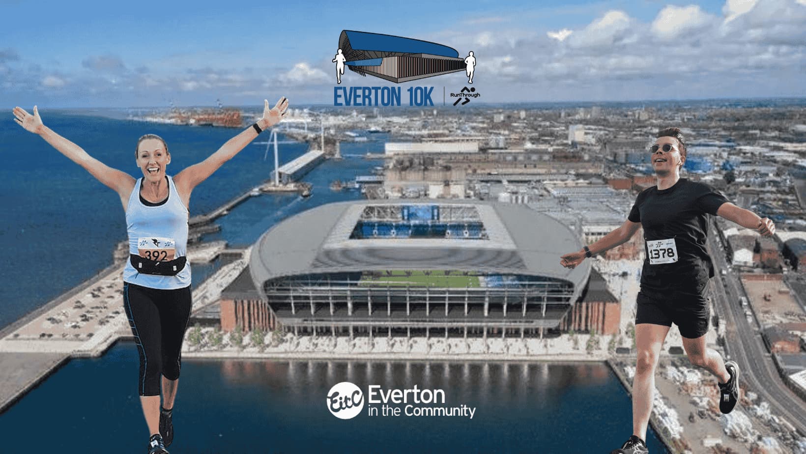 Two joyful runners with race bibs raise their arms in celebration in front of a backdrop featuring a large stadium by the waterfront. The image is labeled "Everton 10K" with the "Everton in the Community" logo at the bottom.