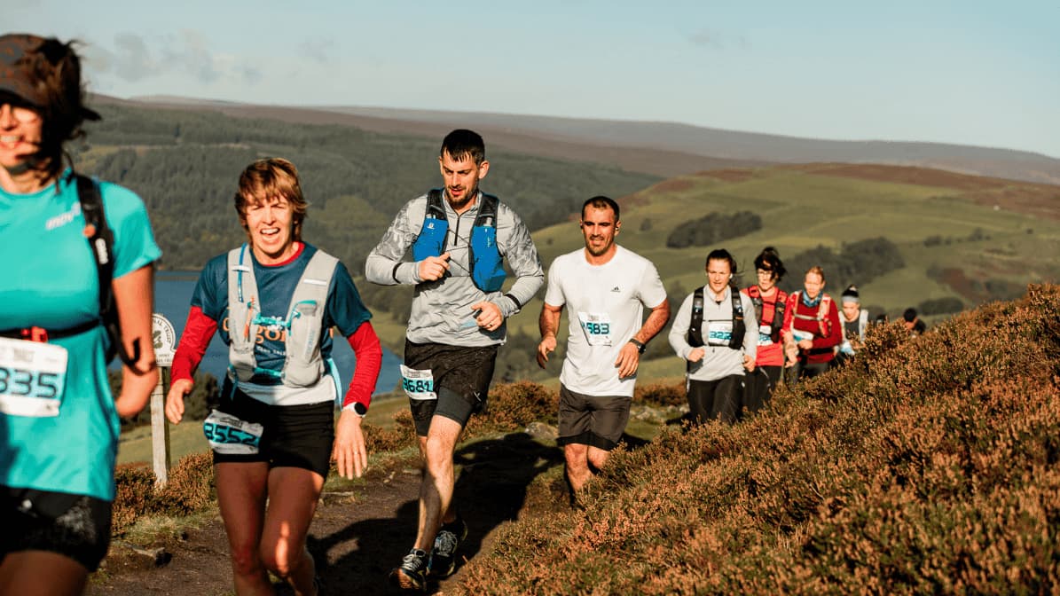 A group of runners in athletic gear participates in a trail race on a sunny day. They are running uphill on a narrow path through a grassy landscape with hills and trees in the background. Each runner wears a numbered bib.
