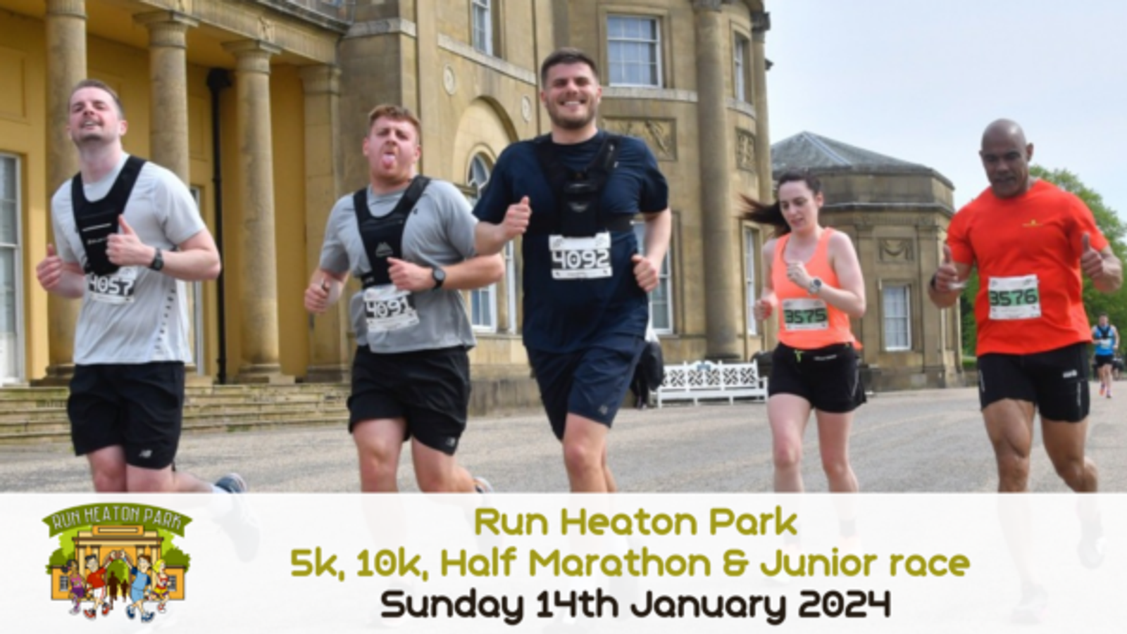 A group of diverse runners participating in a race at Heaton Park, passing a yellow building. The event is the "Run Heaton Park 5k, 10k, Half Marathon & Junior race" scheduled for Sunday, 14th January 2024, as indicated in text at the bottom of the image.
