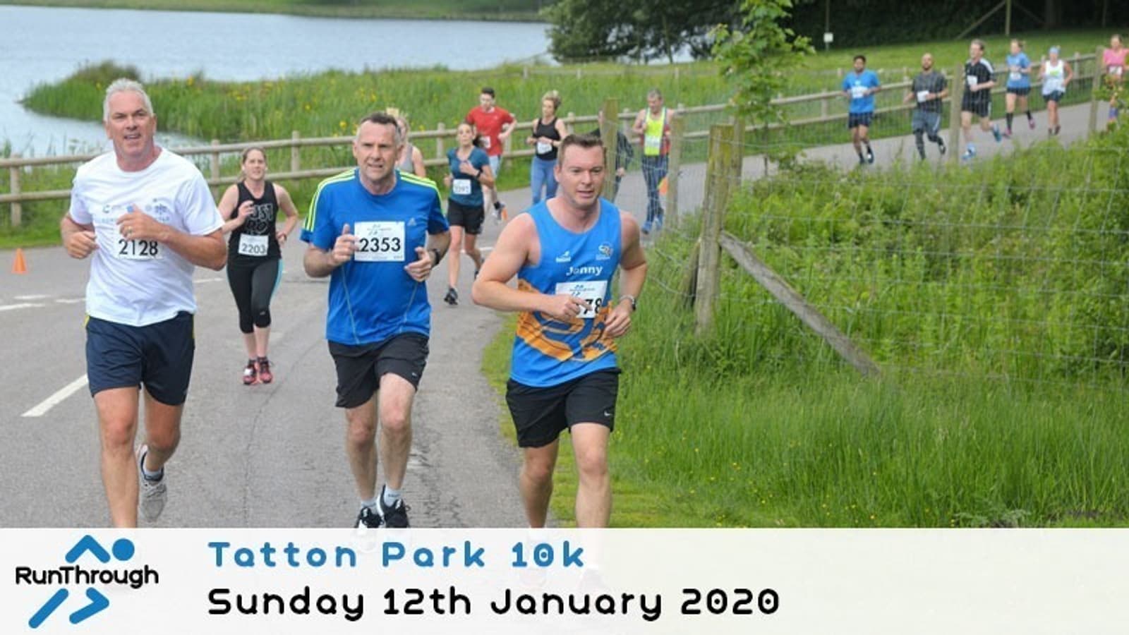 A group of runners participates in the Tatton Park 10k race beside a lake and grassy area on a cloudy day. Text at the bottom reads "Tatton Park 10k, Sunday 12th January 2020" with the RunThrough logo.