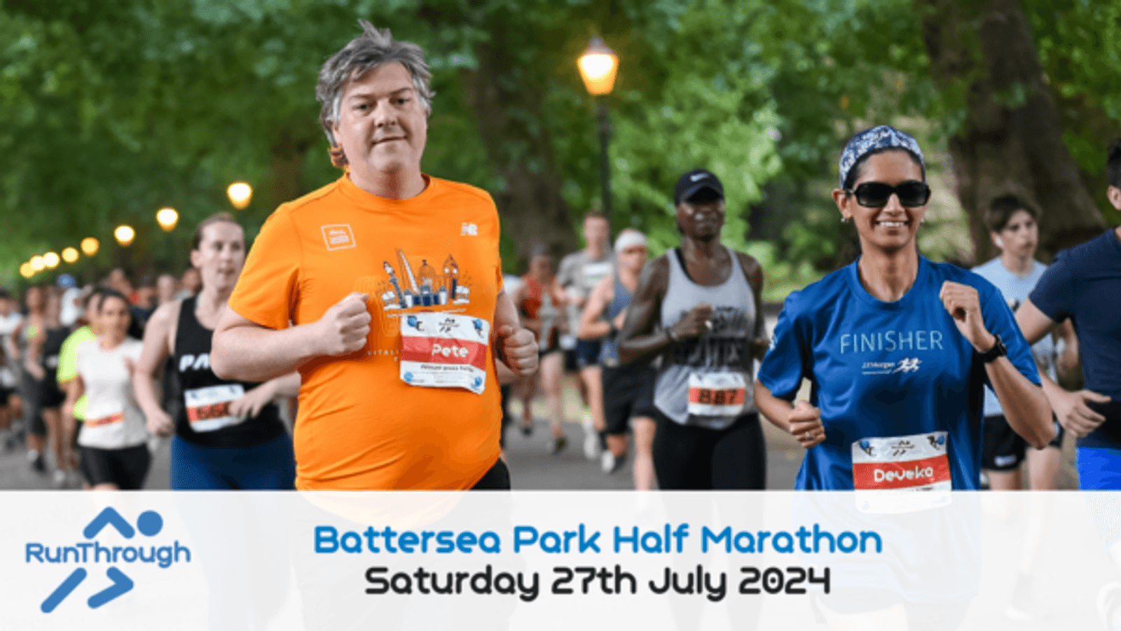 A group of runners participating in the Battersea Park Half Marathon on July 27, 2024. The man in the foreground is wearing an orange shirt, and the woman next to him is in a blue "Finisher" shirt and sunglasses. Both are smiling and appear to be in motion.