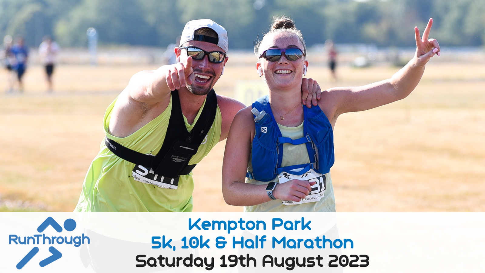 Two smiling runners, a man and a woman, celebrate with peace signs at the Kempton Park 5k, 10k & Half Marathon on Saturday, 19th August 2023. Both wear sunglasses and athletic gear, with the event logo and details displayed at the bottom of the image.