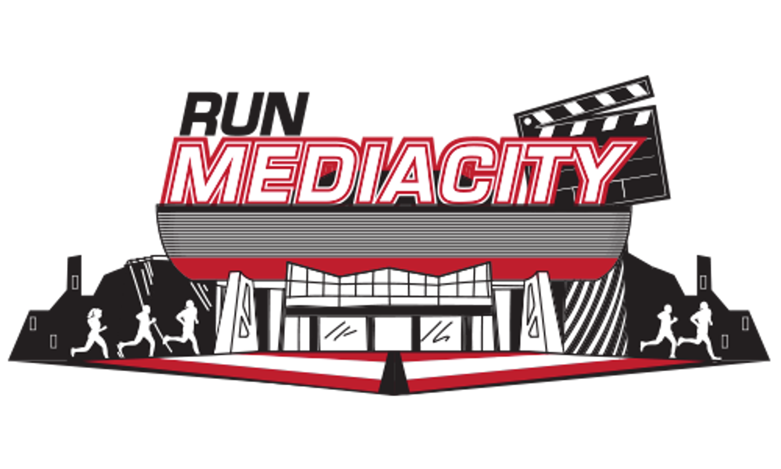 A graphic featuring the text "RUN MEDIACITY" in large, bold letters. The background includes the silhouette of a building with runners on both sides and a film clapboard in the upper right corner. The runners appear to be participating in a race.