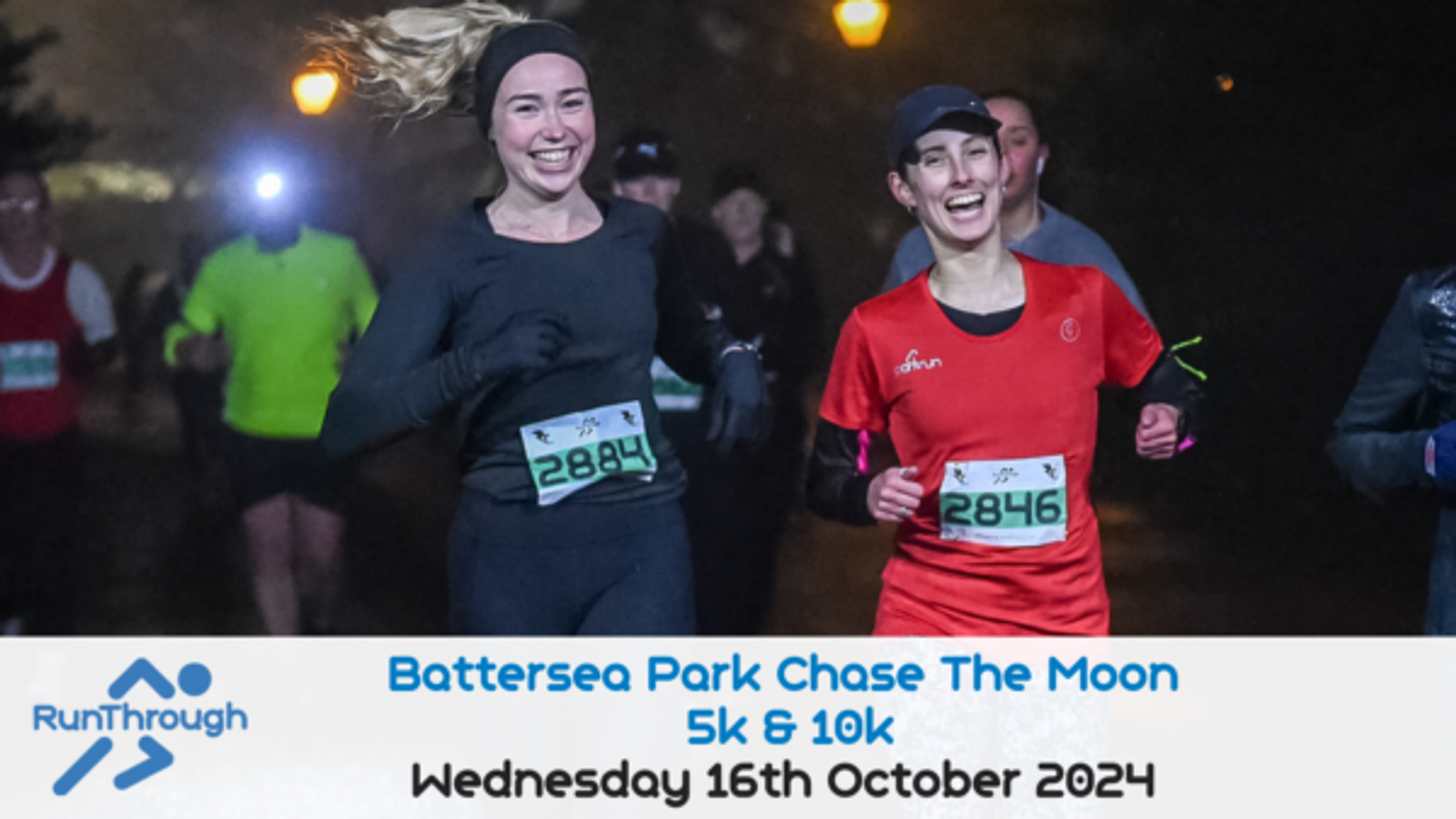 Two smiling runners with race bibs 2844 and 2846 are participating in the Battersea Park Chase The Moon 5k & 10k event. It is nighttime, and other runners are visible in the background. The event details and date, Wednesday 16th October 2024, are displayed at the bottom.
