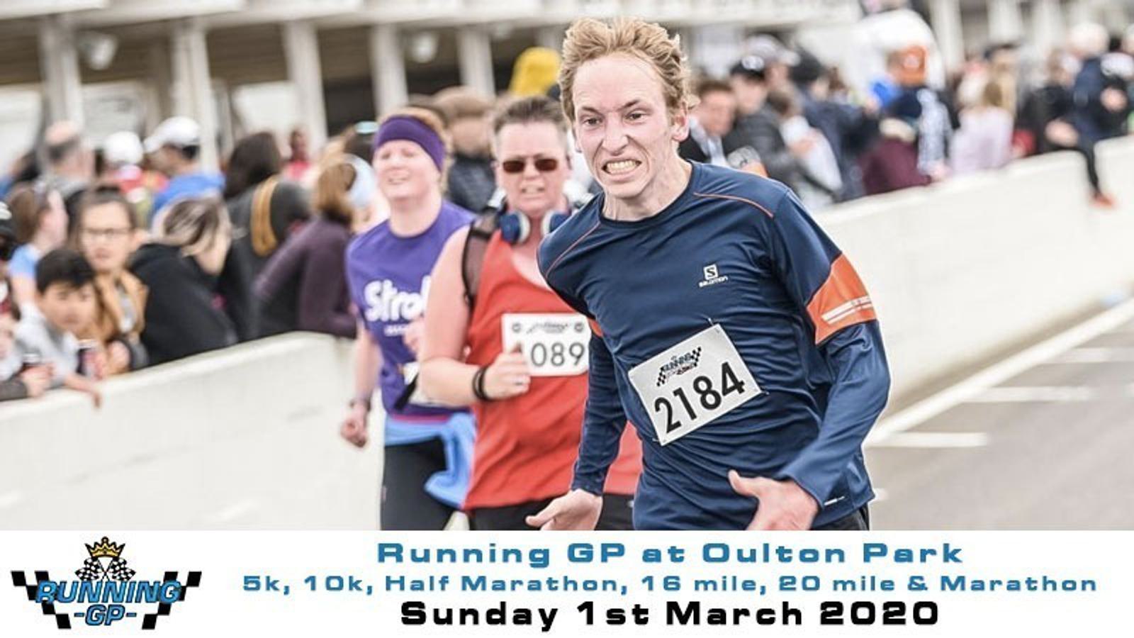 A runner wearing a blue long-sleeve shirt and bib number 2184 is seen racing at the Running GP at Oulton Park. Other participants can be seen in the background, some wearing race bibs. The event details are displayed at the bottom, mentioning various race distances.
