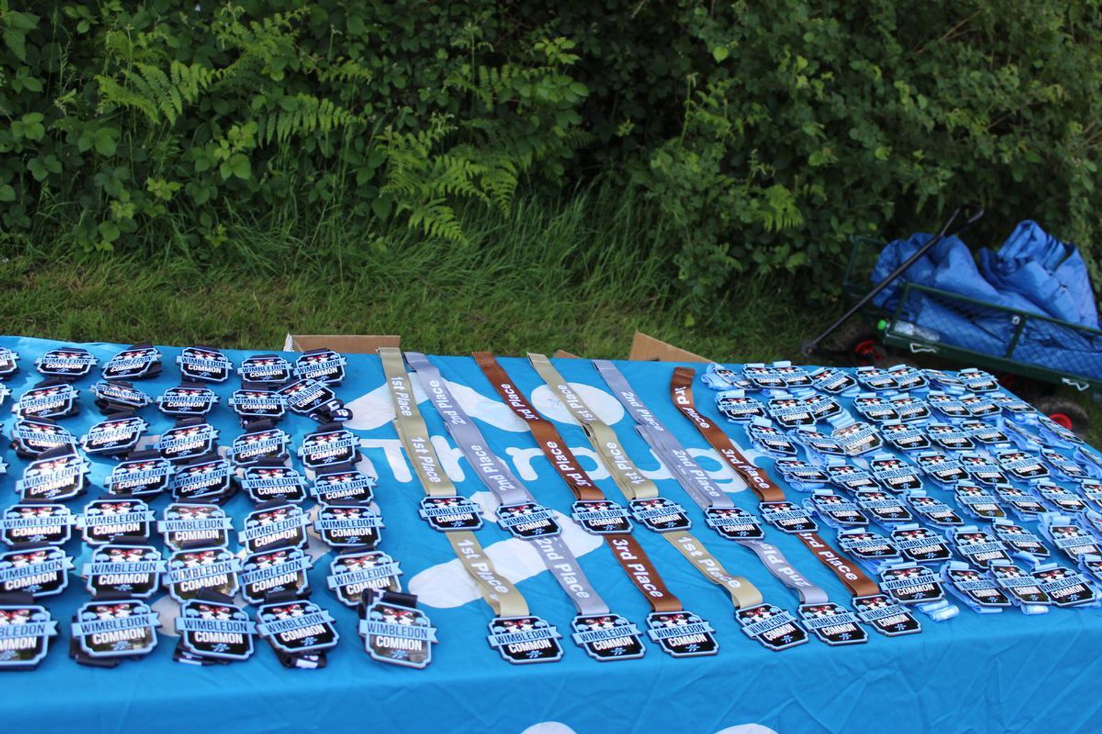 Medals with different colored ribbons are neatly arranged on a blue tablecloth with a white pattern. The table is placed outdoors, with bushes and plants in the background. The medals appear to be for an event, possibly a race or competition.