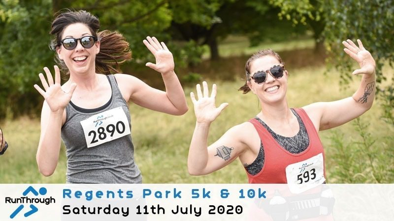 Two smiling runners, wearing sunglasses, wave at the camera at the Regents Park 5k & 10k event. They have bib numbers 2890 and 593. The event information reads: "Regents Park 5k & 10k, Saturday 11th July 2020," and the RunThrough logo is displayed.