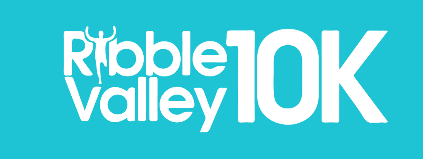 A turquoise background with white text reading "Ribble Valley 10K." The letter "i" in "Ribble" is stylized to resemble a person with raised arms.