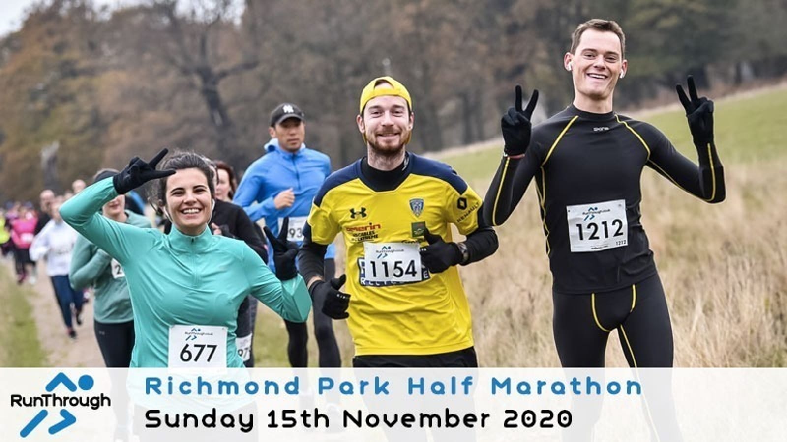 Runners in athletic wear smile and make peace signs while participating in the Richmond Park Half Marathon. Visible bib numbers include 1154 and 1212. The event details, including date and name, are displayed on an overlay at the bottom.
