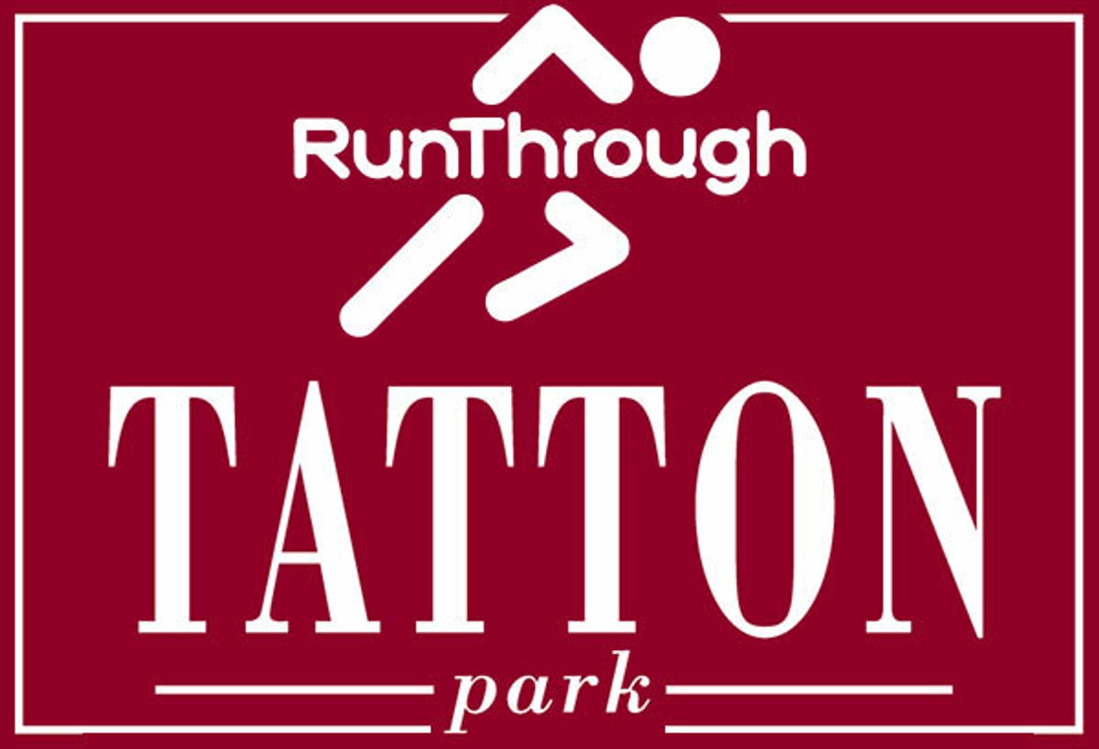 Logo with a white running stick figure above the word “RunThrough.” Below, large white text reads “TATTON park” on a red background, framed by a thin white border.