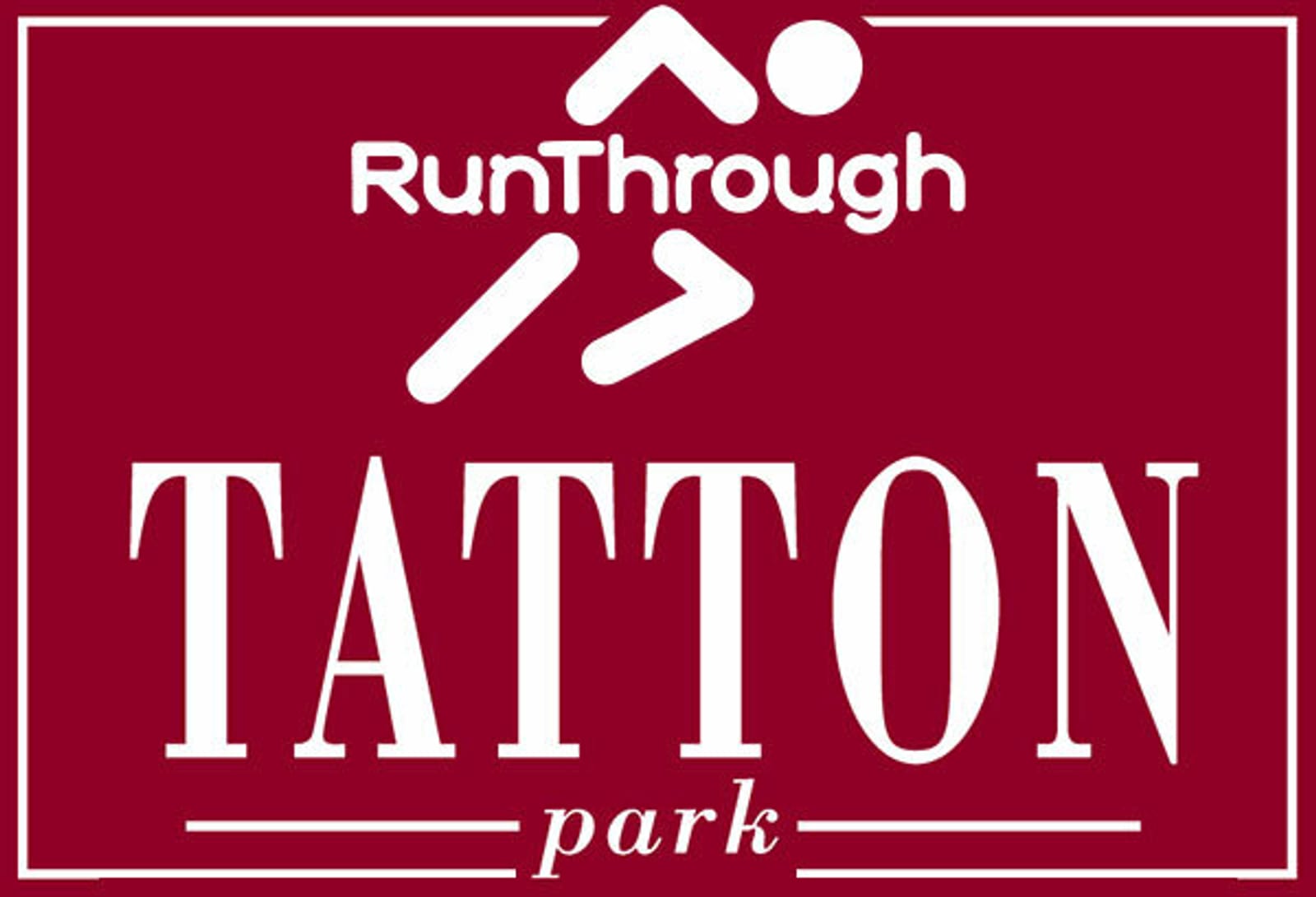 Logo with a maroon background displaying "RunThrough" above a white running figure, and large text "Tatton park" below, framed by a white rectangular border.