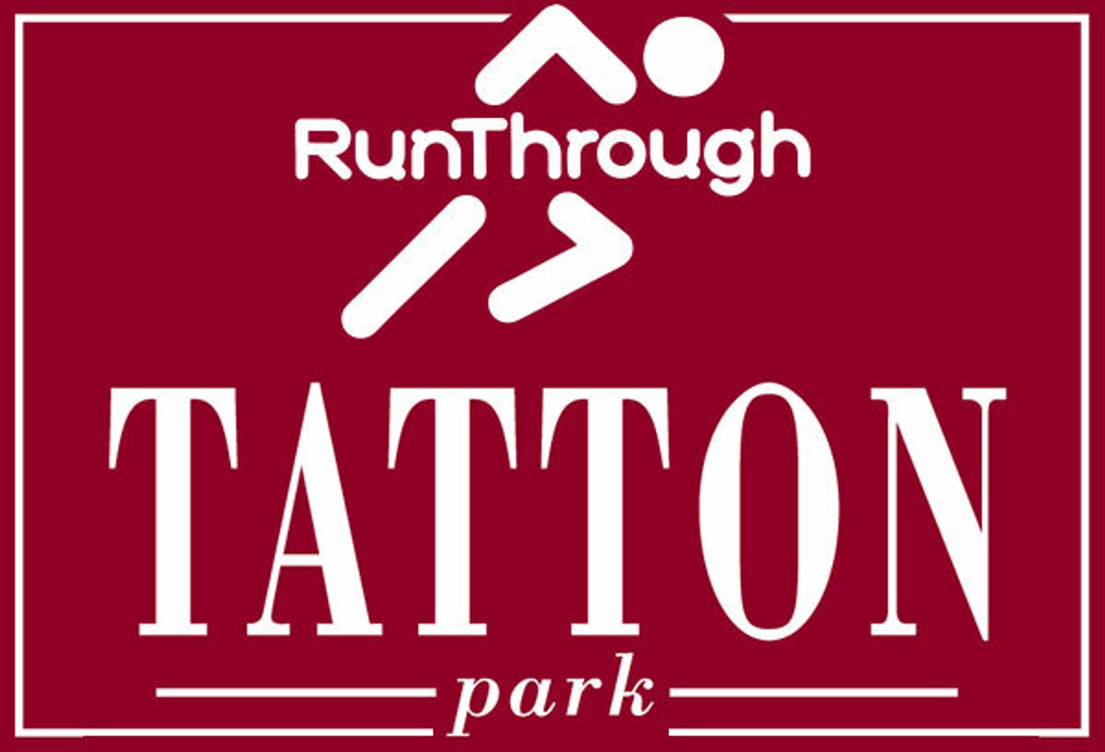 Logo for RunThrough Tatton Park featuring a stylized running figure above the words "RunThrough Tatton park" on a maroon background with a rectangular white border.