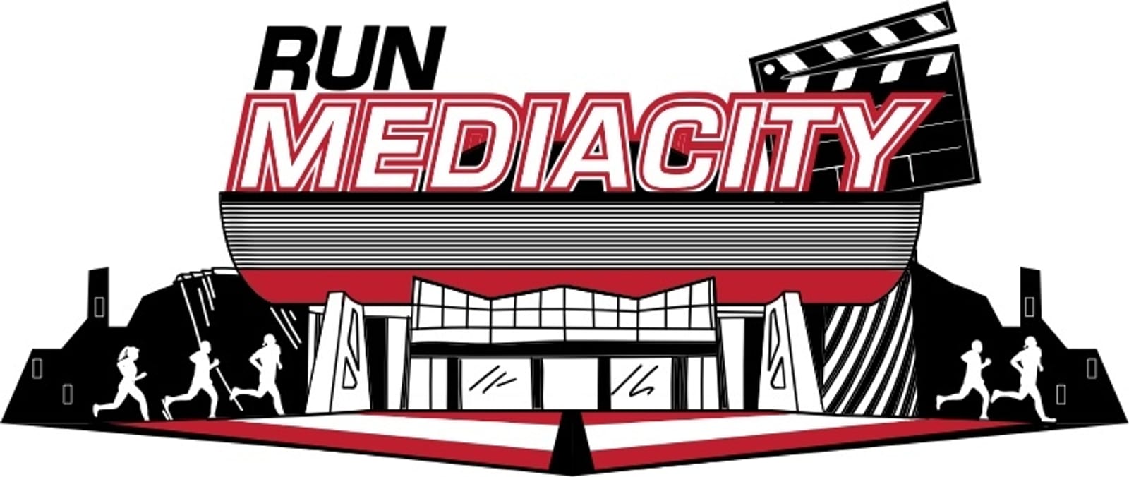 Illustration featuring the phrase "RUN MEDIACITY" in bold letters above a stylized modern building. Silhouetted runners and a film clapperboard icon are included, conveying a mix of athleticism and media production.