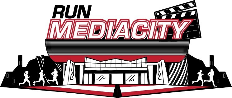Illustration featuring the phrase "RUN MEDIACITY" in bold letters above a stylized modern building. Silhouetted runners and a film clapperboard icon are included, conveying a mix of athleticism and media production.