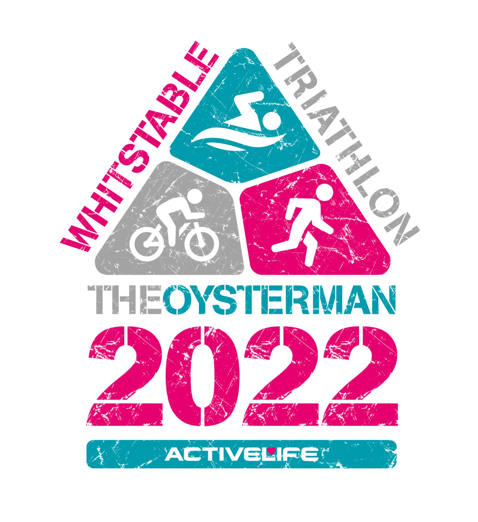 Graphic for the Whitstable Triathlon 'The Oysterman 2022.' The design features three icons representing swimming, cycling, and running in a triangular arrangement. The text is colored in teal, pink, and gray, with a distressed texture. The word "ACTIVELIFE" is at the bottom.