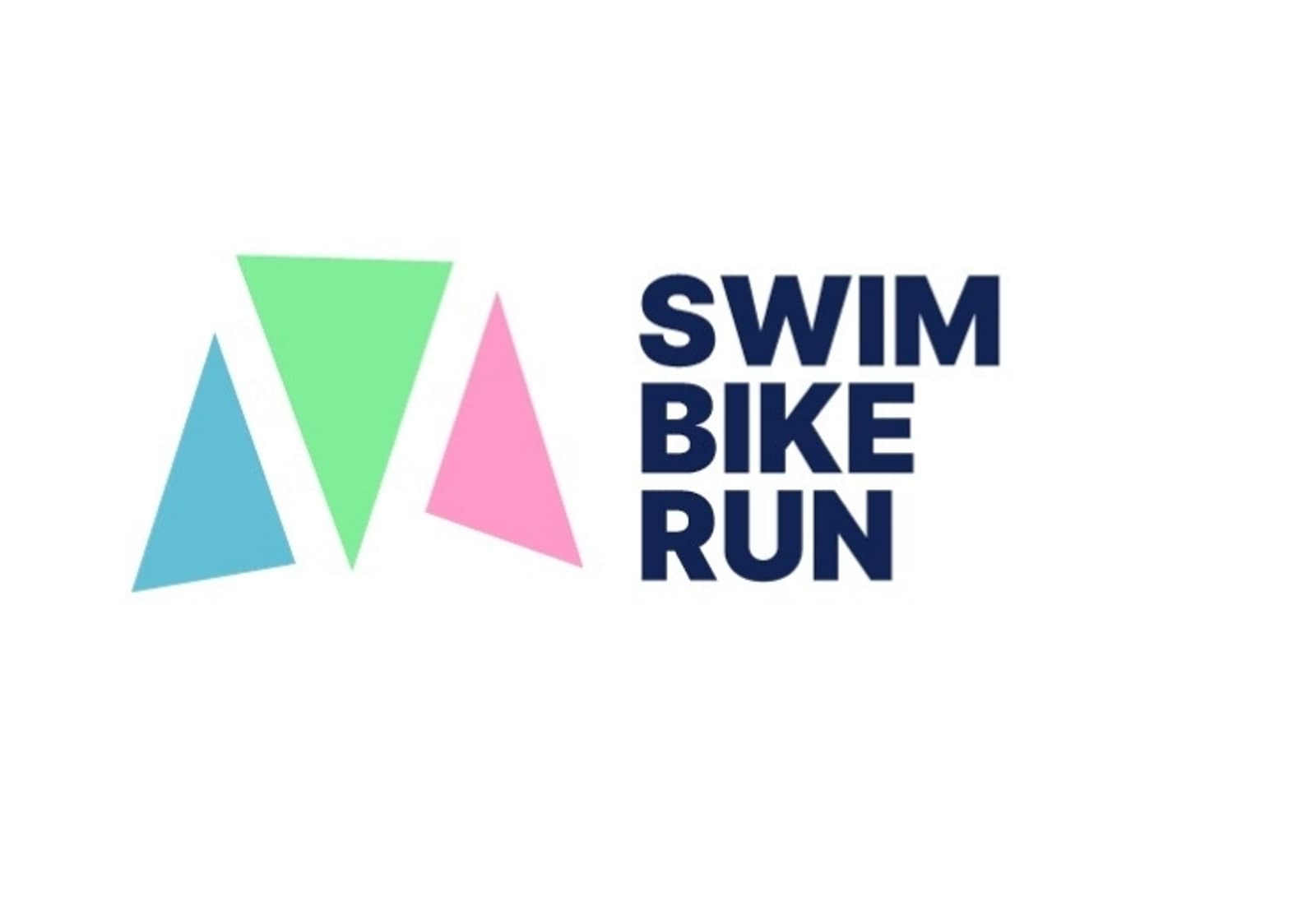 Logo with three colored triangles - blue, green, and pink - on the left and the text "SWIM BIKE RUN" in bold navy blue letters on the right, set against a white background.