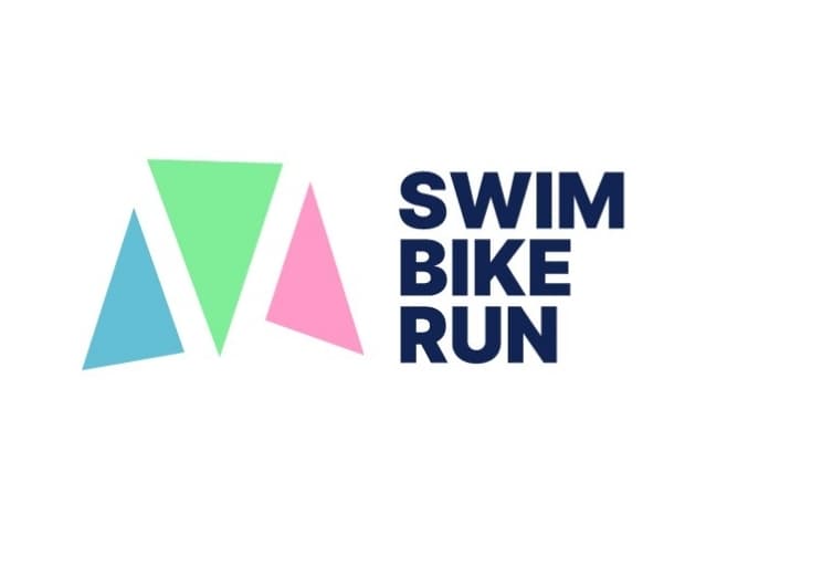 Logo with three colored triangles - blue, green, and pink - on the left and the text "SWIM BIKE RUN" in bold navy blue letters on the right, set against a white background.