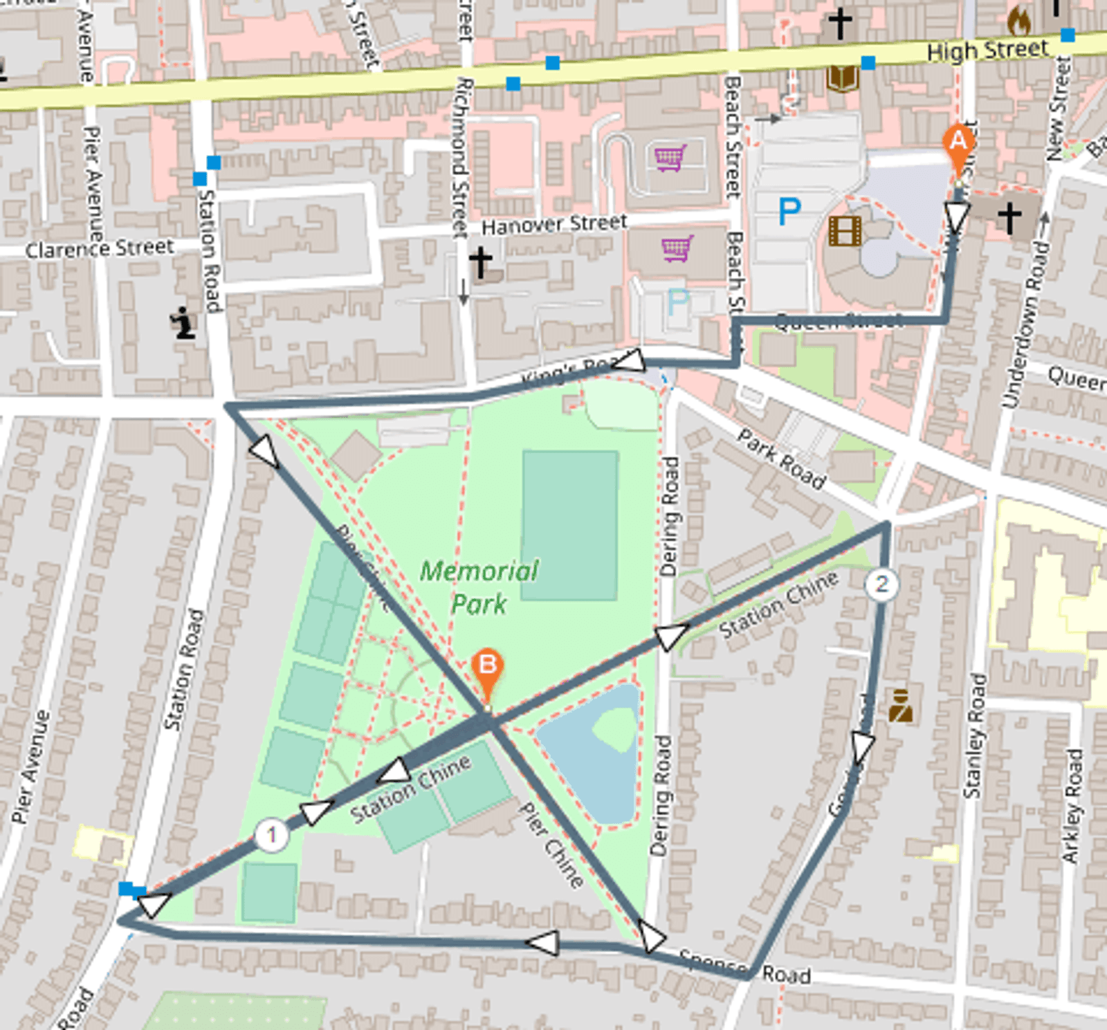A map showing a walking route starting at point A on High Street, passing through Station Road, circling Memorial Park, and returning to High Street. The route includes checkpoints and directional arrows for guidance.