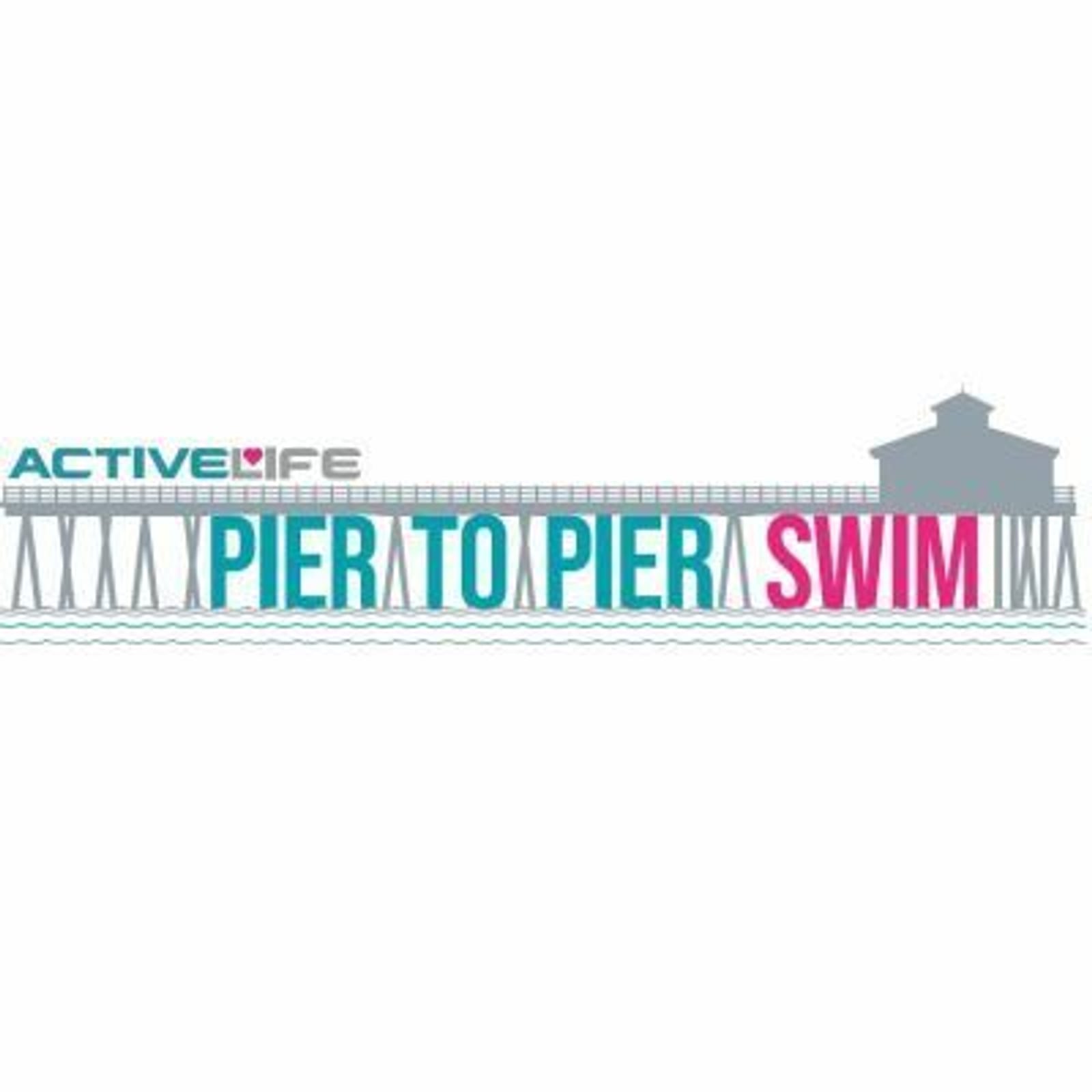 Logo for the "Active Life Pier to Pier Swim" event. The text features "Active Life" with a small heart icon, followed by "Pier to Pier Swim." The design includes stylized piers with water waves below.