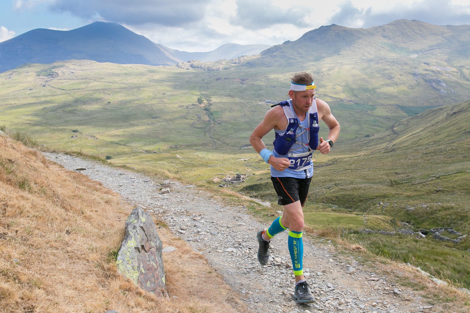 A runner wearing a blue vest, compression sleeves, and a headband runs on a rocky trail through a mountainous landscape. The background features green rolling hills and distant peaks under a partly cloudy sky, with the runner looking focused and determined.